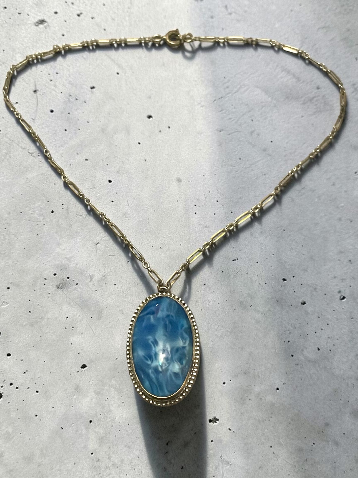 Art Deco Opalescent Blue Marble Art Glass Sterling Silver Chain Necklace
