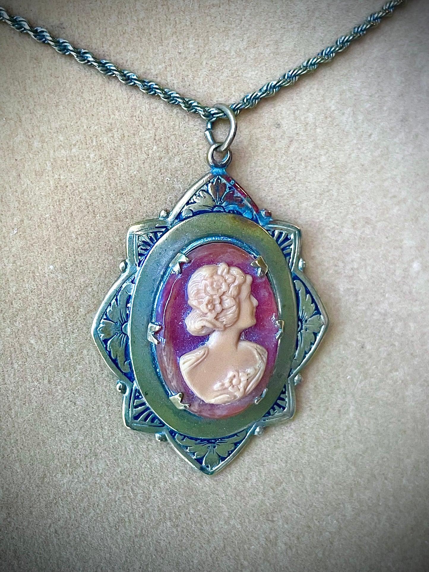 Art Nouveau Engraved Brass Orange & Cream Celluloid Cameo Necklace