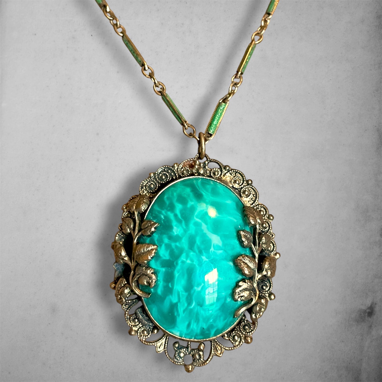 Art Nouveau Czech Peking Green Marble Art Glass Enamel Brass Filigree Necklace