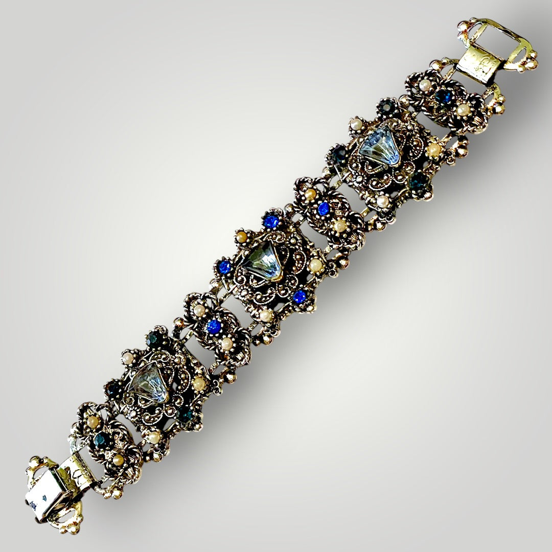 Stunning Multi Blue Crystal & Pearl Victorian Book Link Chunky Bracelet