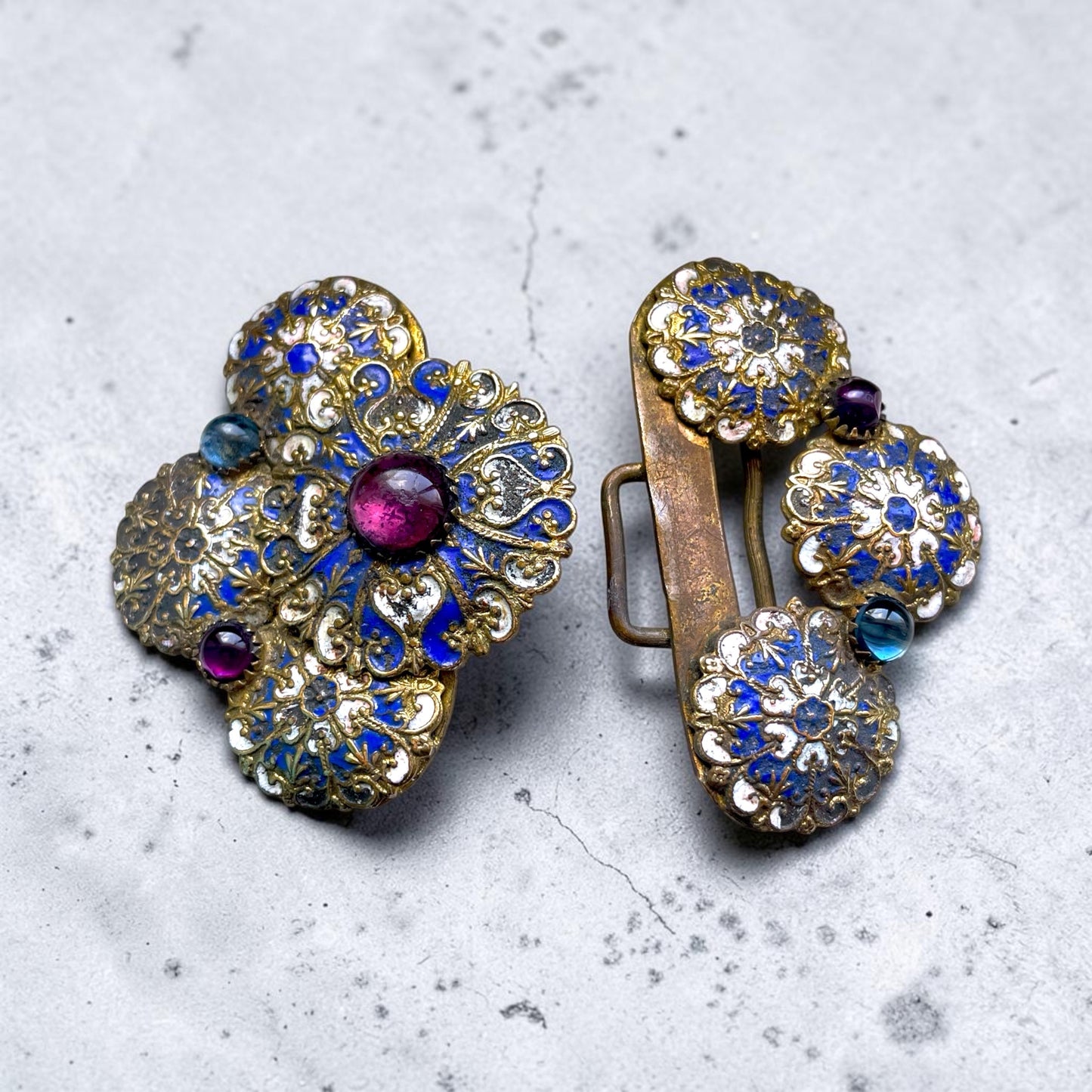 Edwardian/Art Nouveau Czechoslovakian Purple & Blue Art Glass, Cloisonné Enamel Brass Belt Buckle