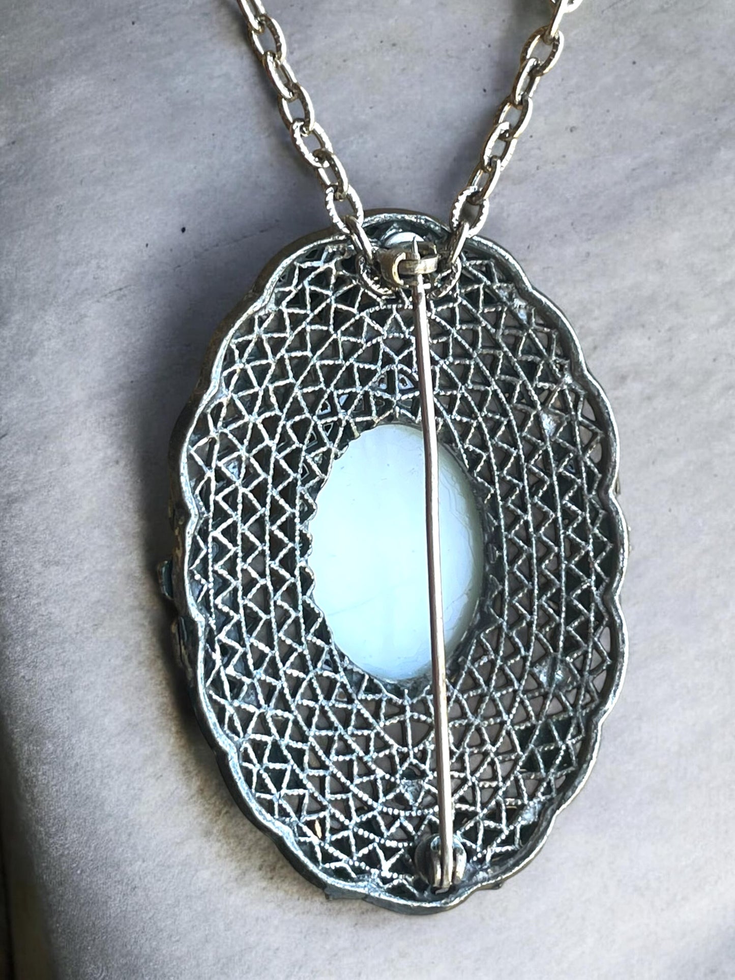 Edwardian Silver Filigree Czechoslovakian Hubble Turquoise Art Glass & Enamel Brooch Pendant Necklace