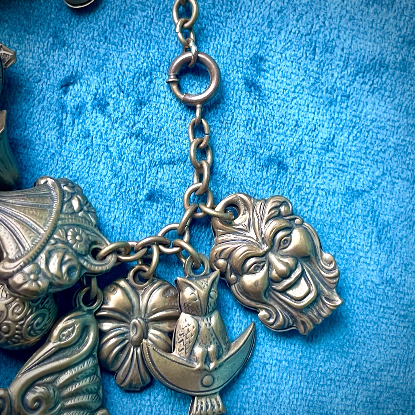 Amazing Art Nouveau Brass Puffy Charm Bracelet: Faces, Moon, Owl, Lucky 7, Bells, Flower & more!