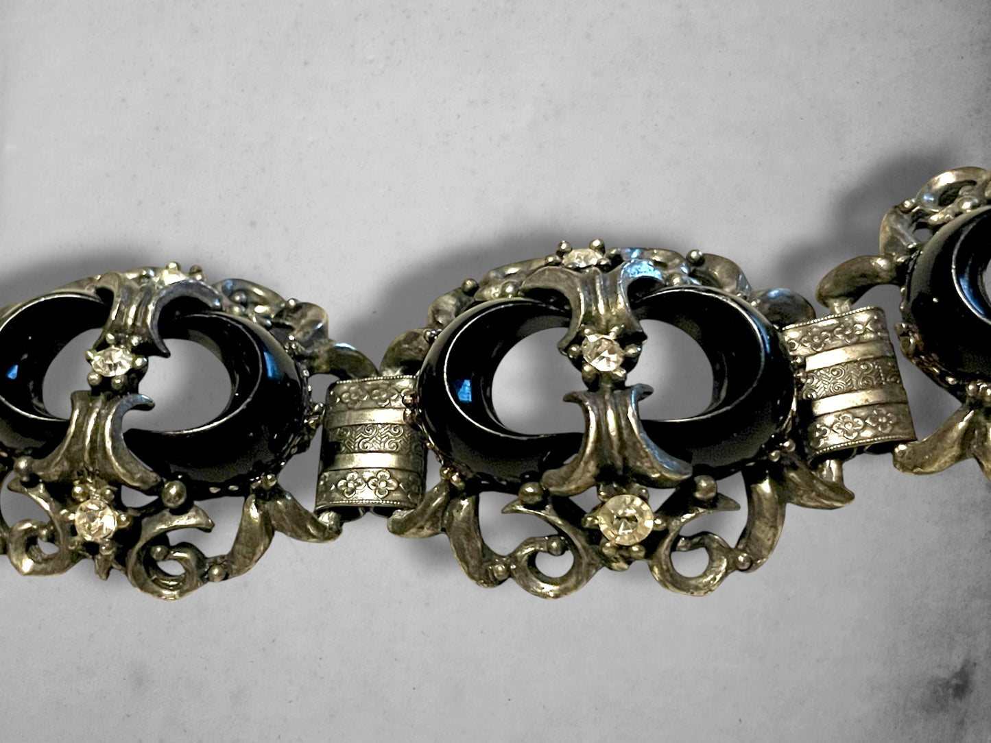 Victorian Booklink Chain Black Crescent Moon Crystal Panel Bracelet