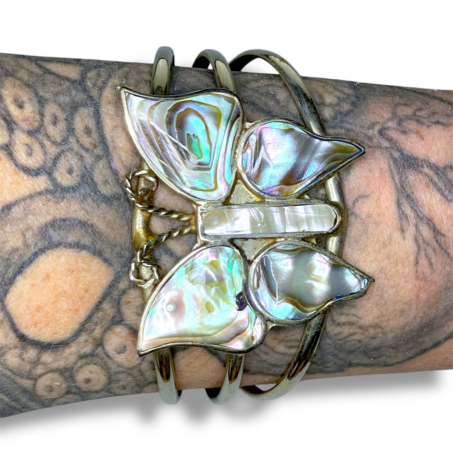 Vintage Sterling Silver Abalone Butterfly Cuff Bracelet