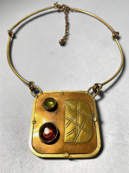 Brutalist Modern Mixed Metal Copper & Brass Mexican Chest Plate Necklace
