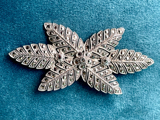 Sterling Silver & Marcasite Flower & Leaves Brooch