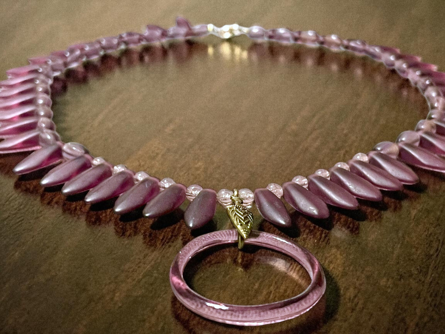 Art Deco Czech Purple Art Glass Vauxhall Ring Embossed Brass Setting Necklace