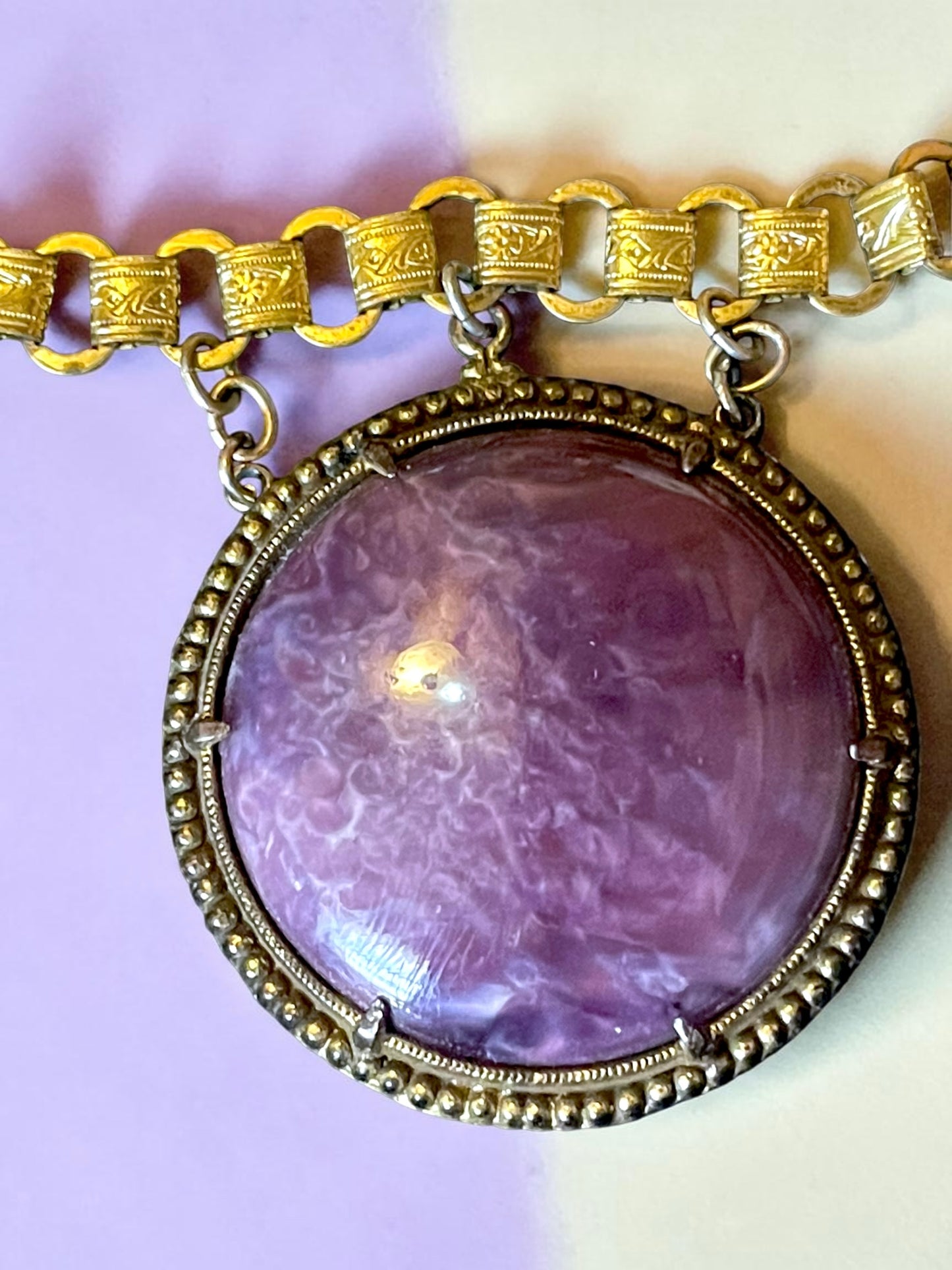 Incredible Victorian Booklink Chain Purple Marble Art Glass Festoon Necklace