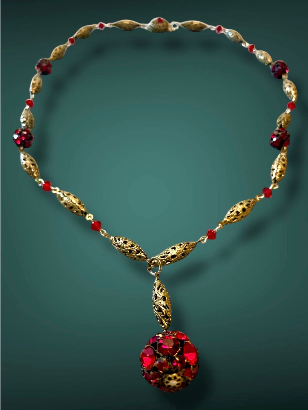 Vintage Art Nouveau Czech Ruby Red Crystal Brass Filigree Y Lavaliere Necklace