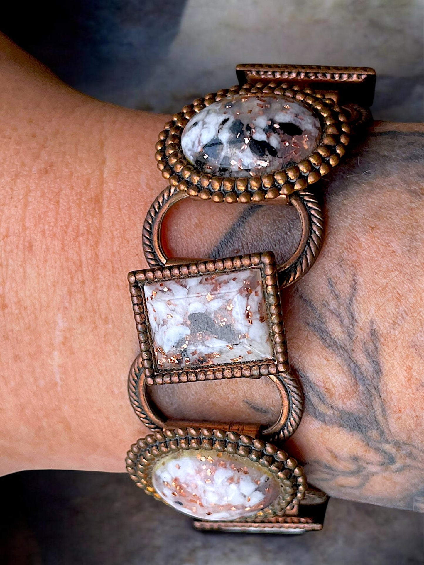 1960’s Copper Link Marble Confetti Foil Art Glass Chunky Bracelet