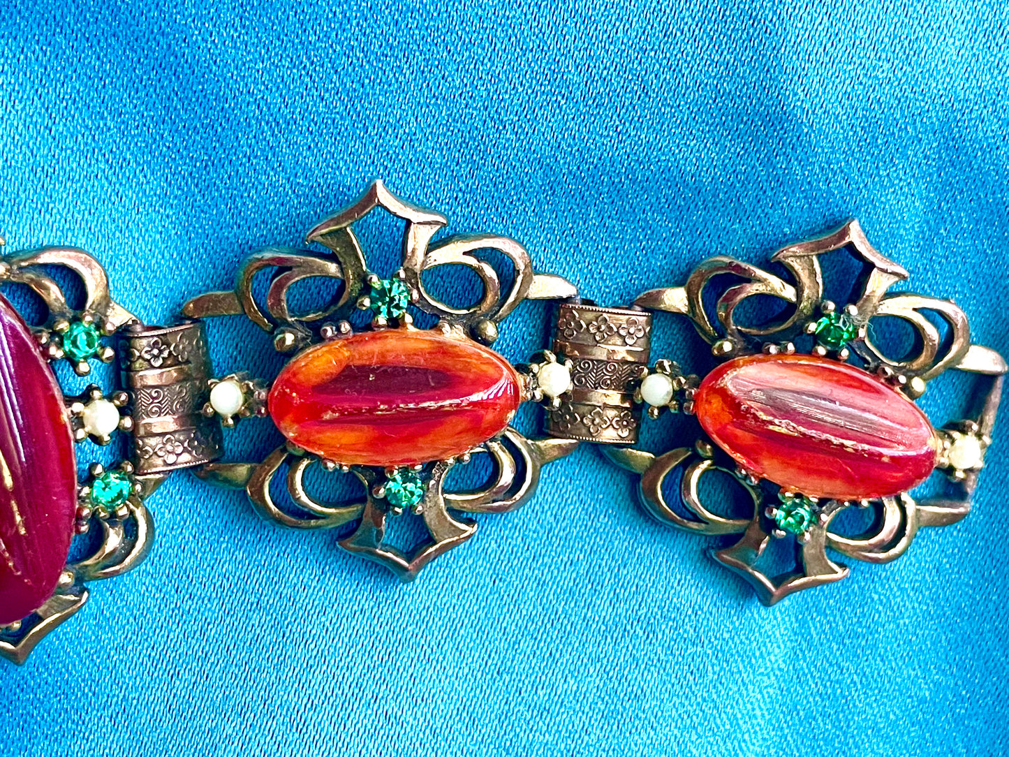 Heavy Brass Booklink Red-Orange Faux Amber Celluloid, Green Crystal & Pearl Panel Link Bracelet