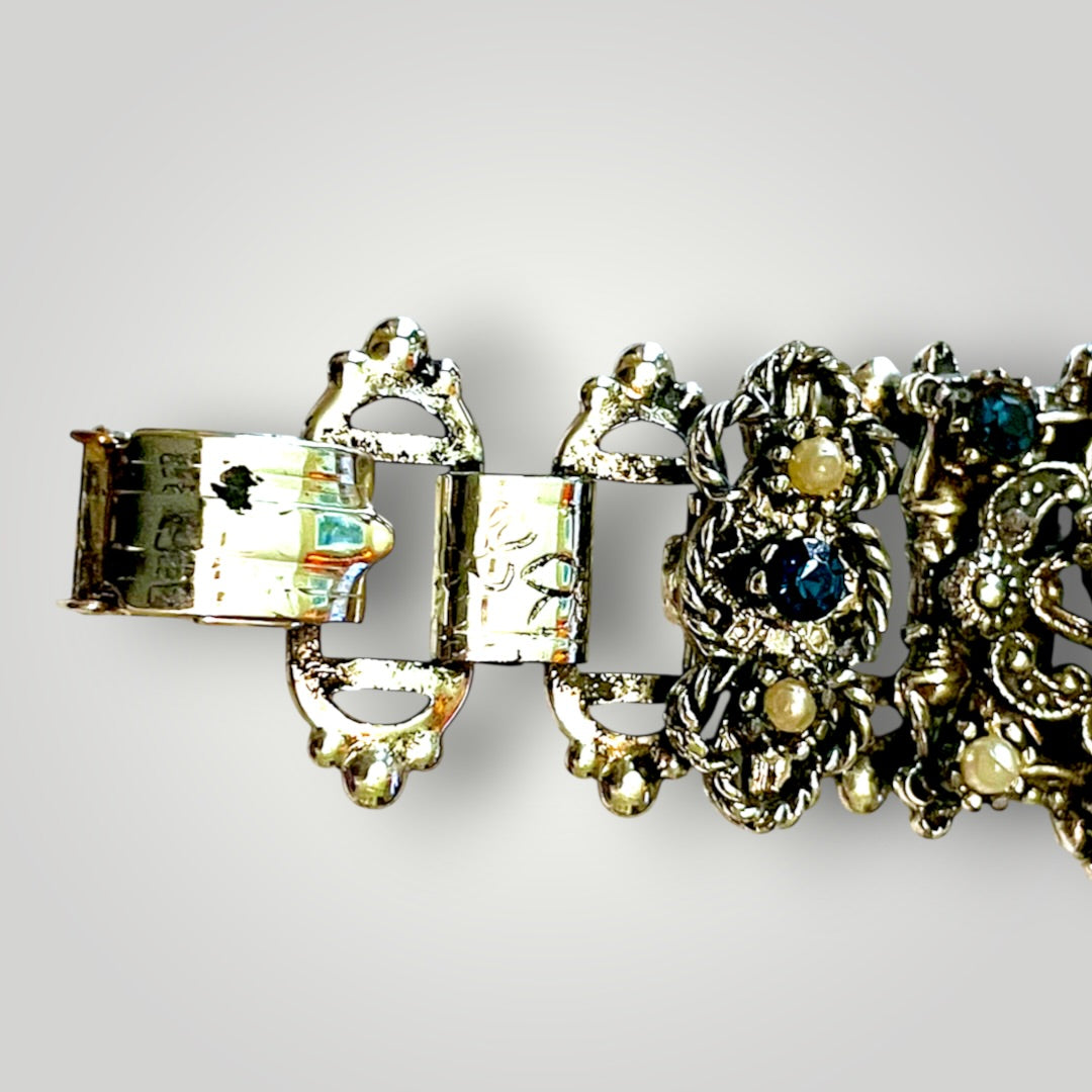 Stunning Multi Blue Crystal & Pearl Victorian Book Link Chunky Bracelet