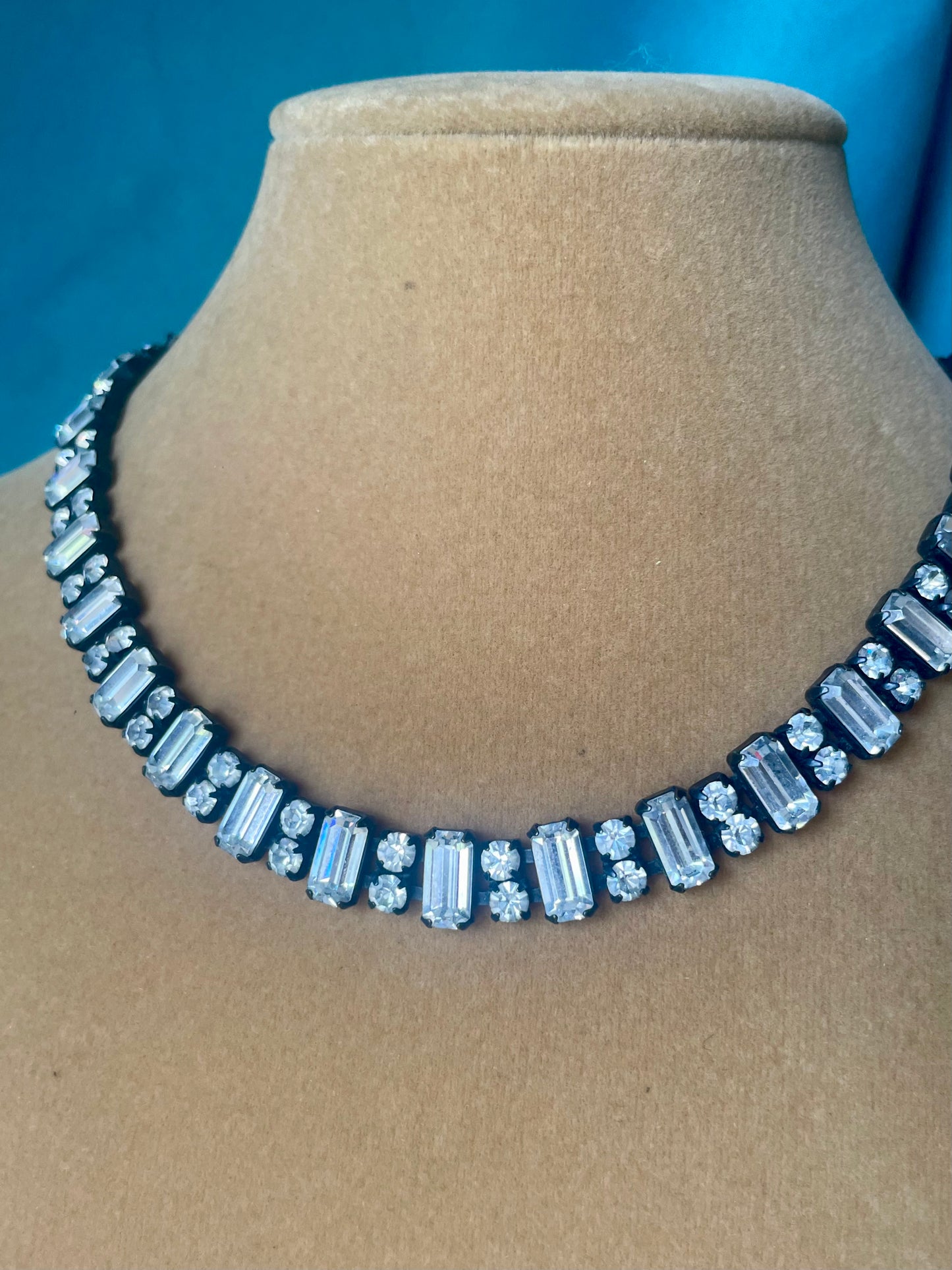 Prong Set Vintage Crystal Black Gunmetal Patina Bridal Choker Necklace