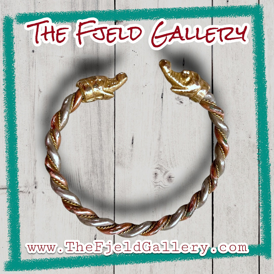 Antique Mixed Metal Copper, Brass & Silver Elephant Head Bypass Bracelet