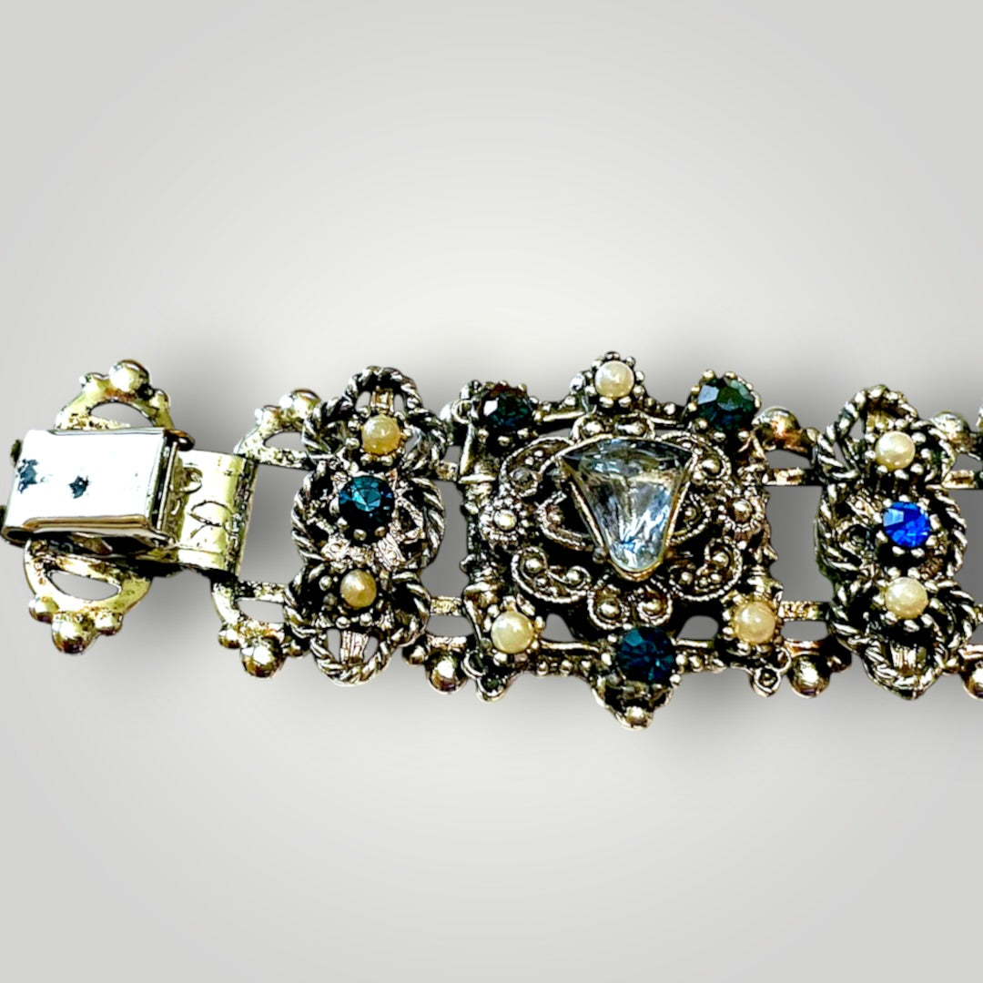 Stunning Multi Blue Crystal & Pearl Victorian Book Link Chunky Bracelet