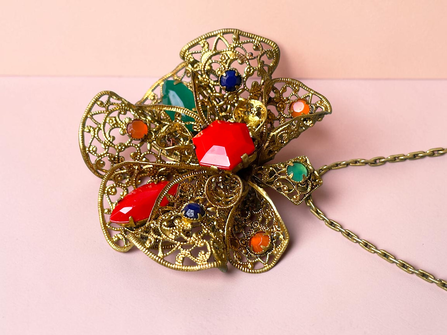 Czechoslovakian Red, Blue, Green & Orange Faceted Art Glass Brass Filigree Necklace