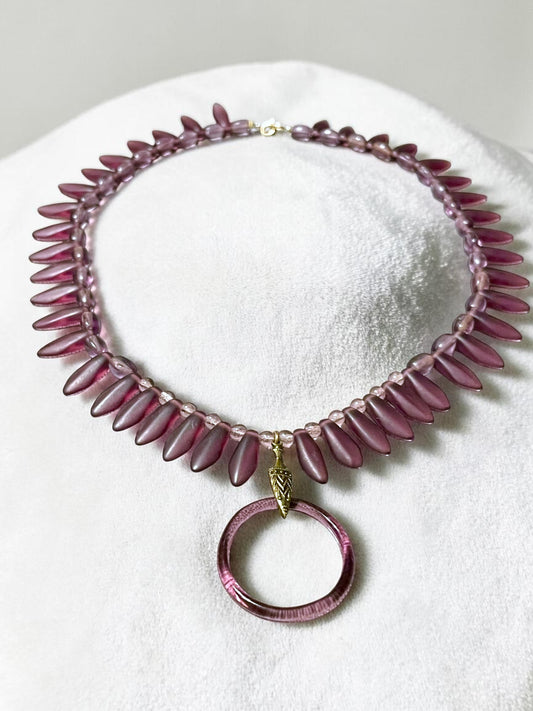 Art Deco Czech Purple Art Glass Vauxhall Ring Embossed Brass Setting Necklace