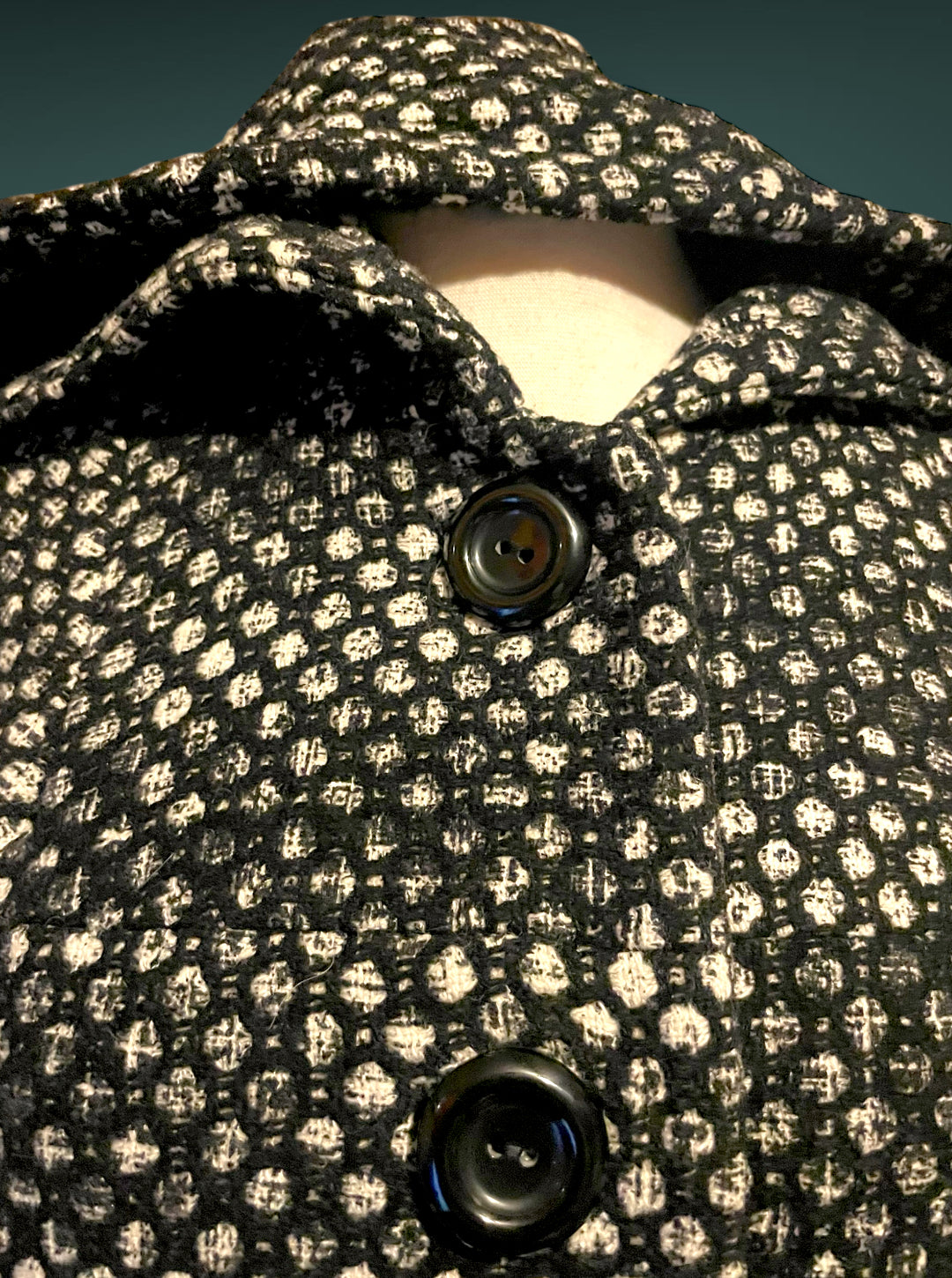 Vintage Mod Wool Black & White Polkadot A Line Jacket with Hood, & Pockets