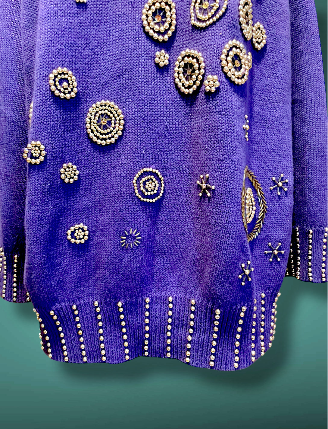 Vintage 1980’s Purple Oversized Boat Neck Sweater with Gold Bead Detail Design