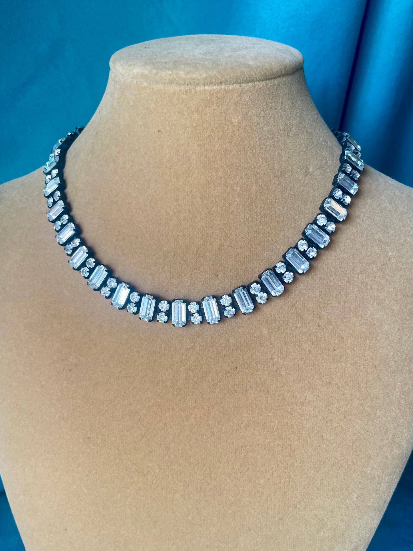 Prong Set Vintage Crystal Black Gunmetal Patina Bridal Choker Necklace