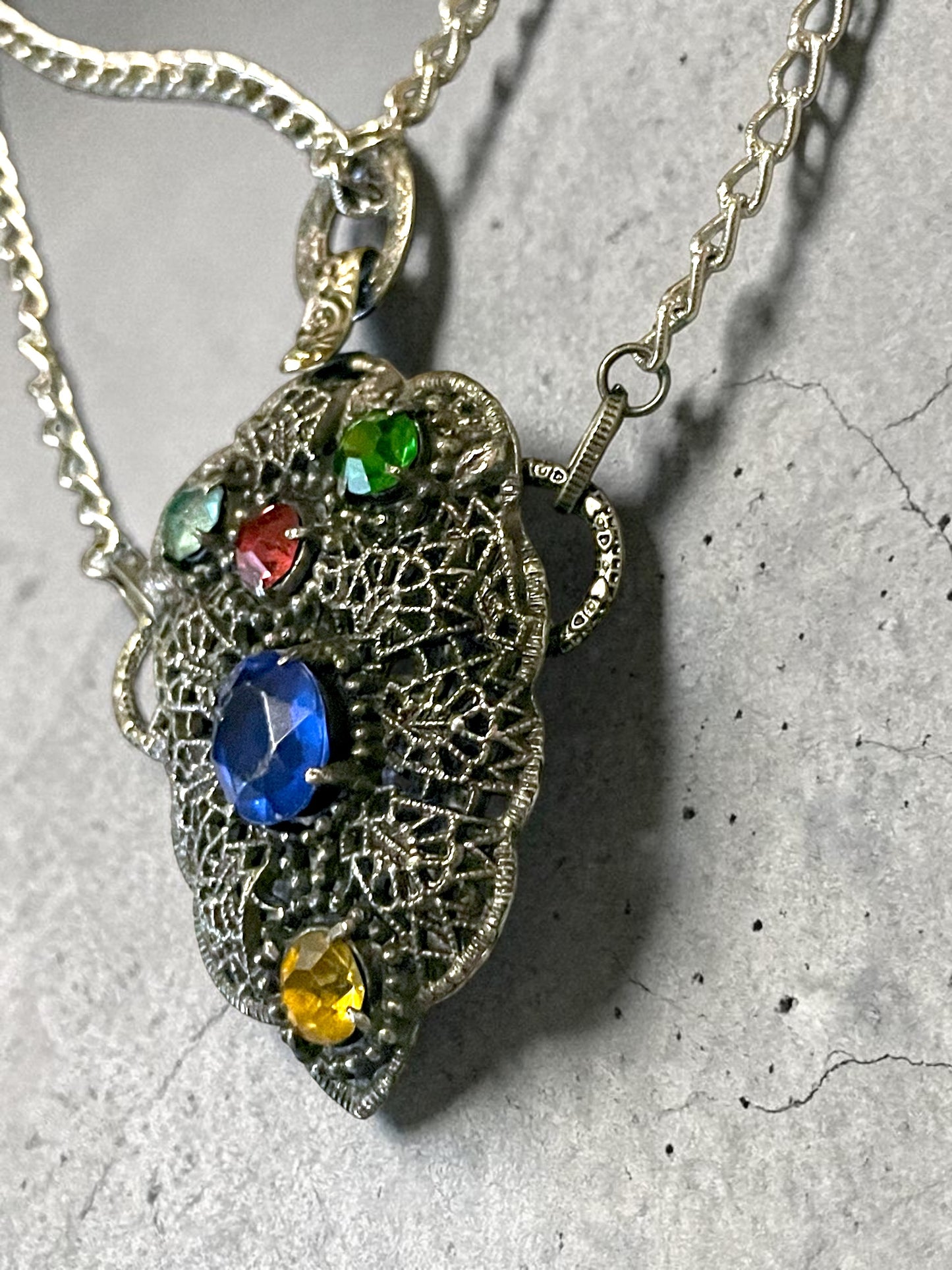 Czech Silver Filigree Fruit Salad Multi-color Leaded Past Stone Crystal Saphire, Emerald, Aquamarine, Ruby & Citrine Festoon Necklace