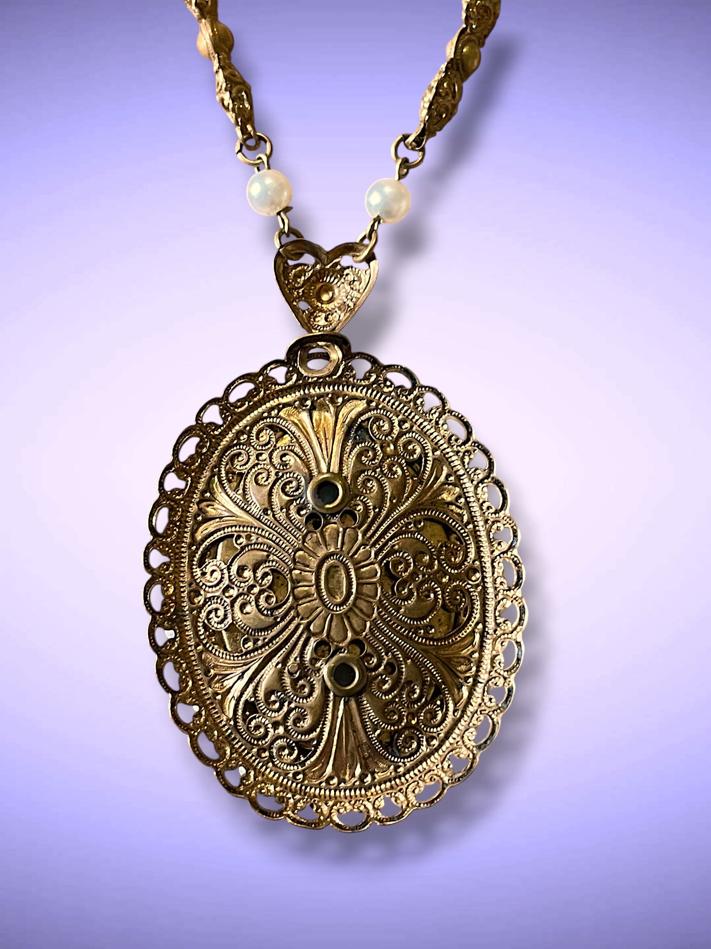 West German Brass Filigree White & Black Art Glass Cameo Pearl Necklace