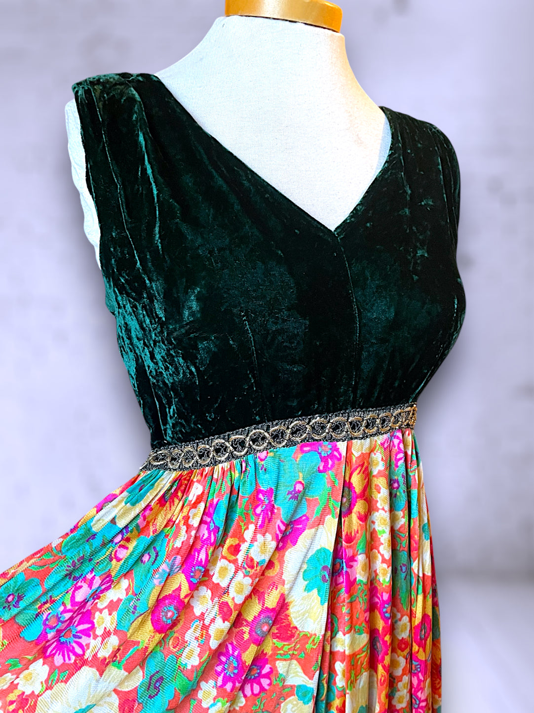 1960’s Vintage Green Velvet & Rainbow Floral Palazzo Pant Jumpsuit