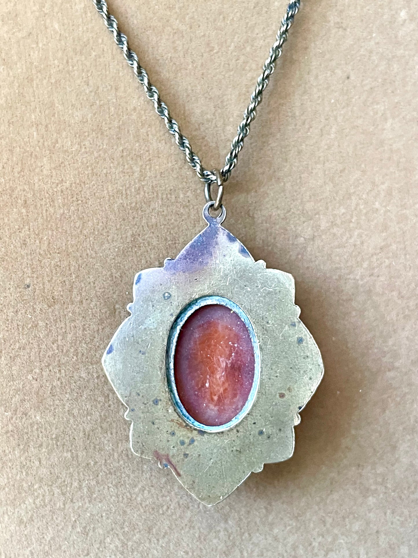 Art Nouveau Engraved Brass Orange & Cream Celluloid Cameo Necklace