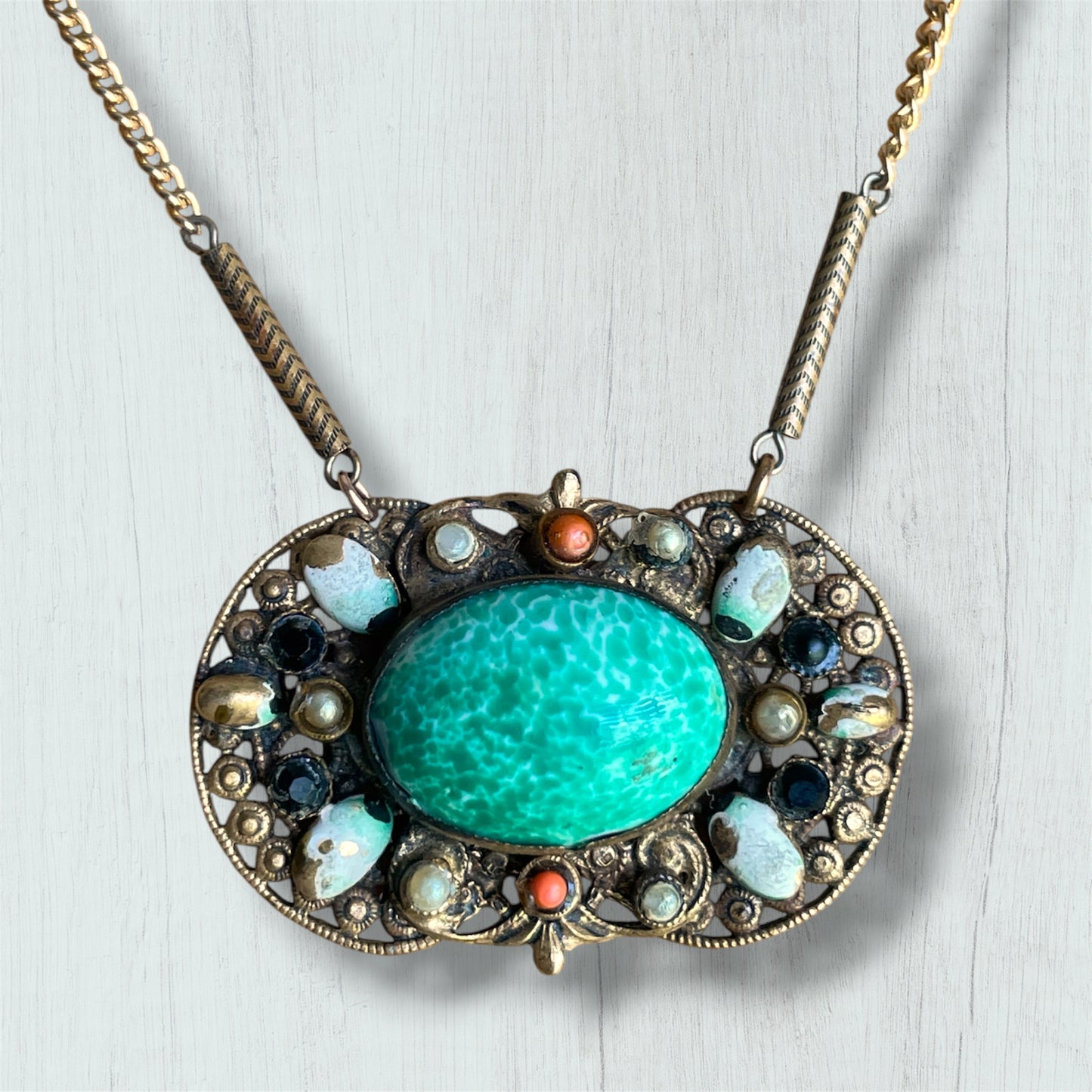 Art Nouveau Czechoslovakian Brass Filigree Jade Peking Art Glass Necklace