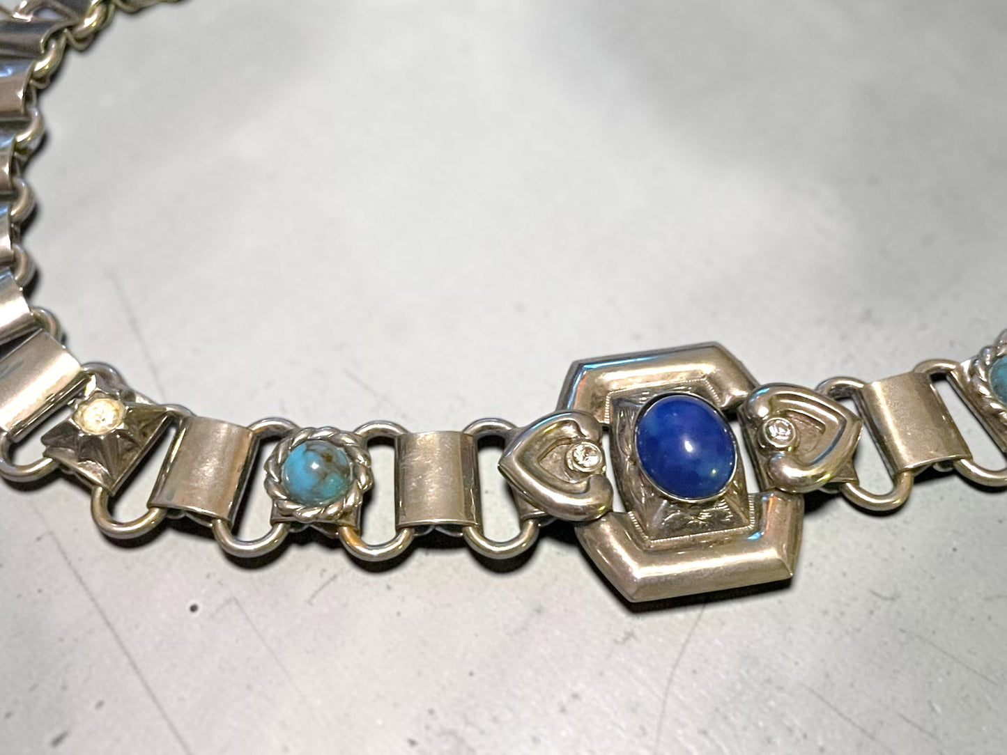 Victorian Chunky Silver Book-link Chain, Blue Lapis & Turquoise Art Glass & Crystal Rhinestone Collar Necklace