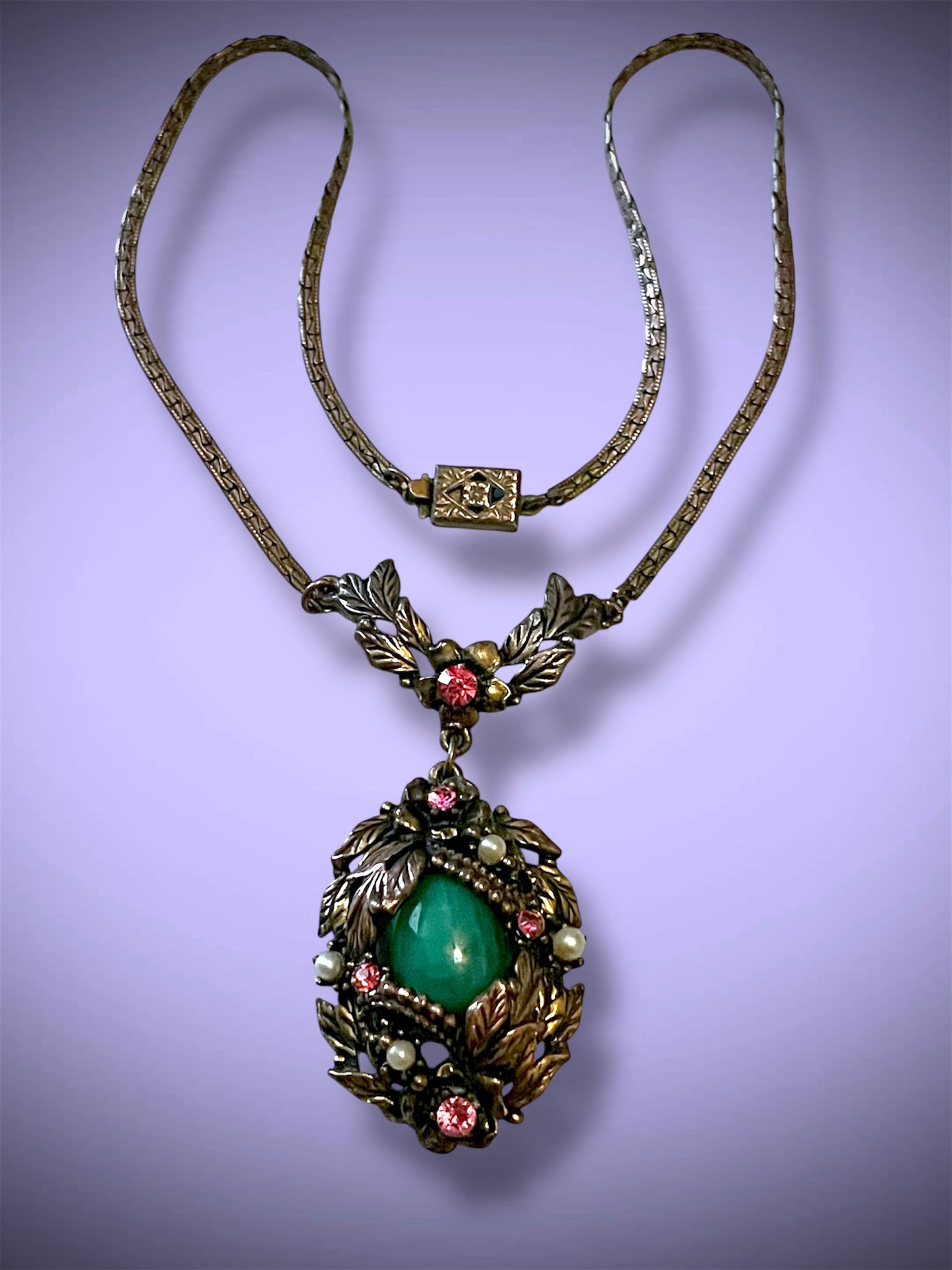 Art Nouveau Brass Green Jade Peking Art Glass Pink Crystal & Pearl Pendant Necklace