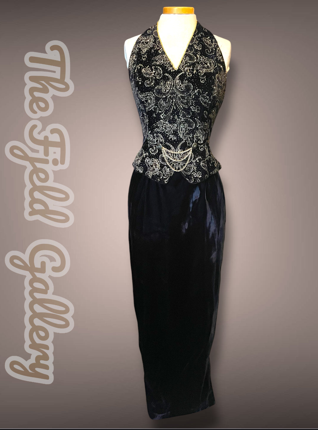 Vintage 1990’s Scott McLintock Black Velvet Maxi Pencil Halter Dress with Gold Glitter Damask Pattern