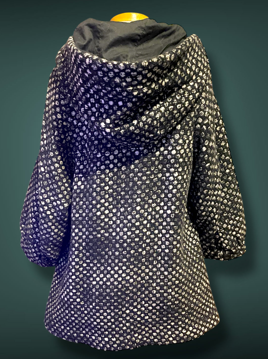 Vintage Mod Wool Black & White Polkadot A Line Jacket with Hood, & Pockets