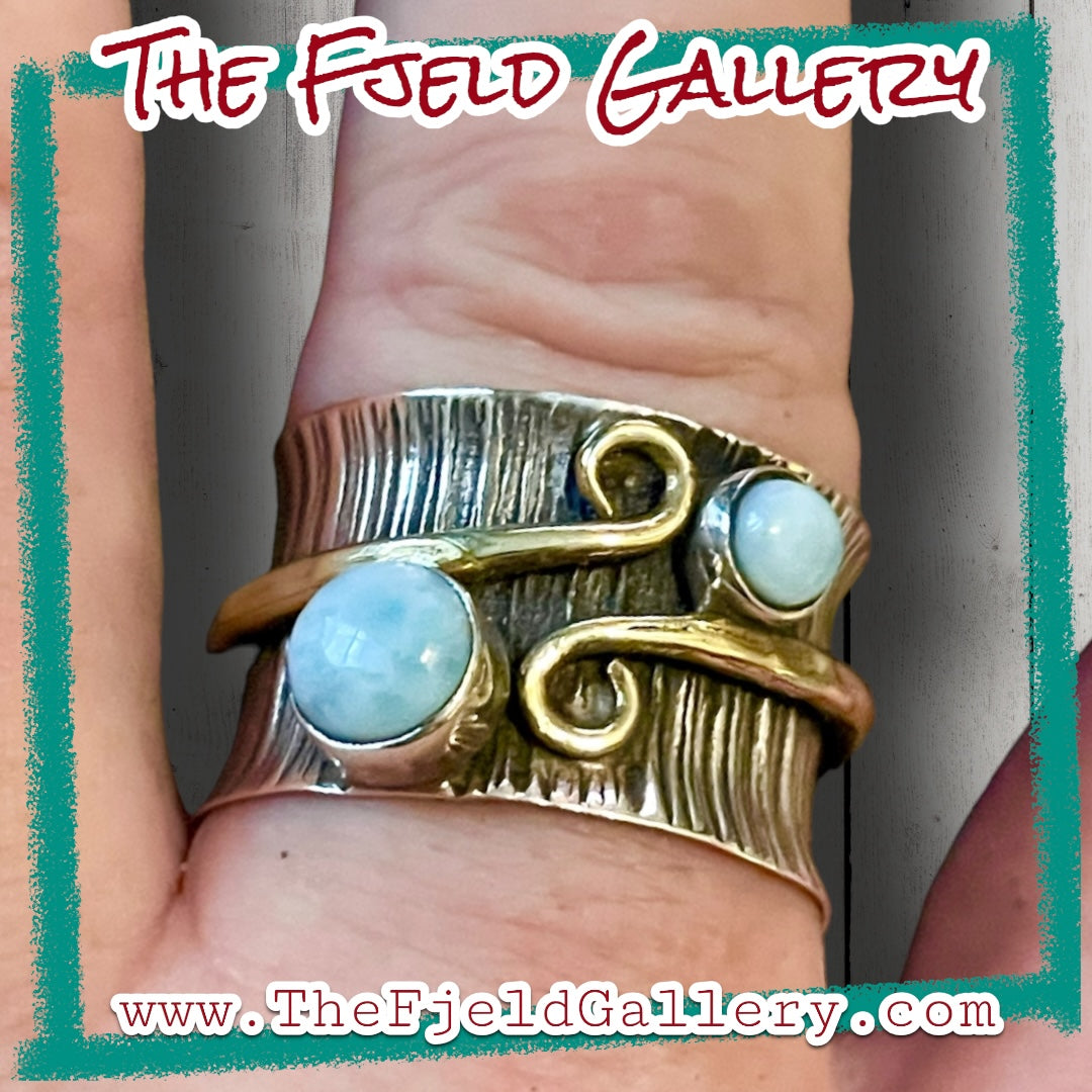 Larimar 2 Stone Sterling Silver & Gold Vermielle Wide Band Ring