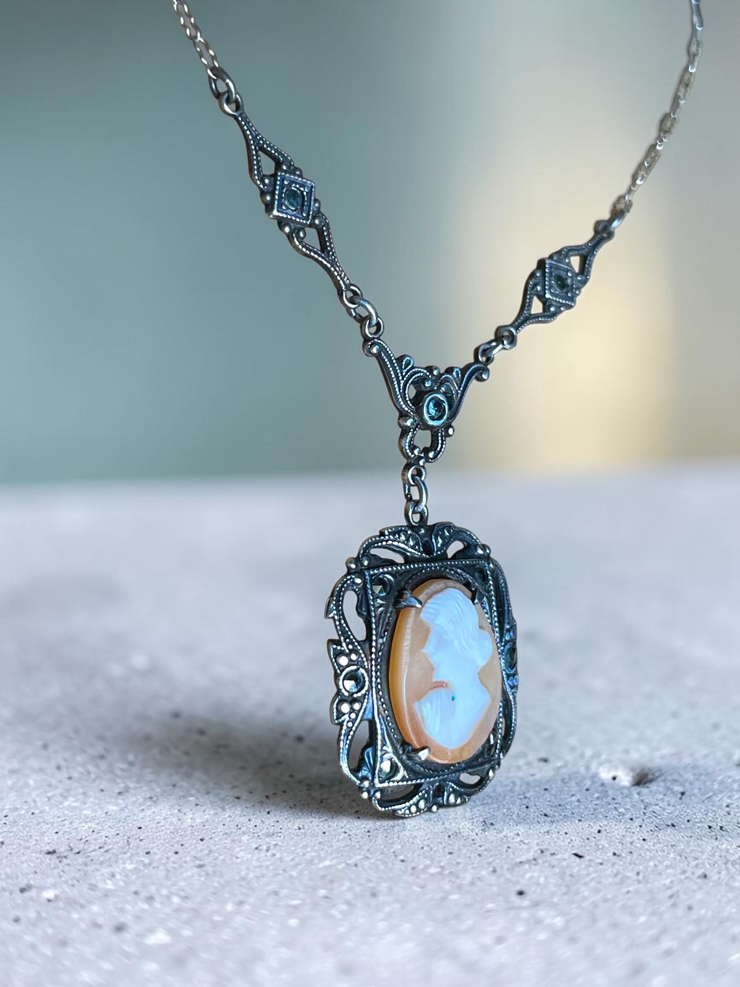 Victorian Sterling Silver & Marcasite Hand Carved Shell Cameo Necklace