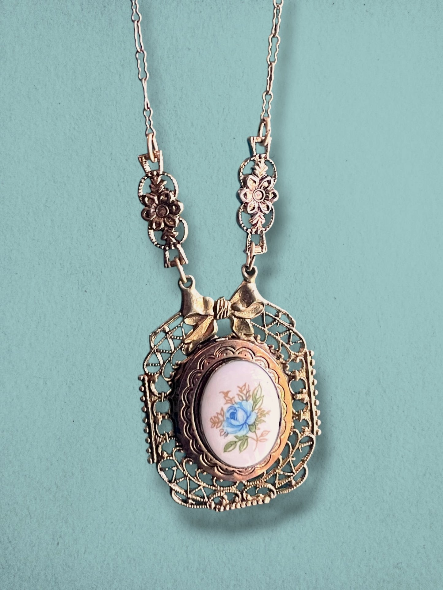 Art Nouveau Brass Filigree Blue Rose Porcelain Limoge Locket Necklace