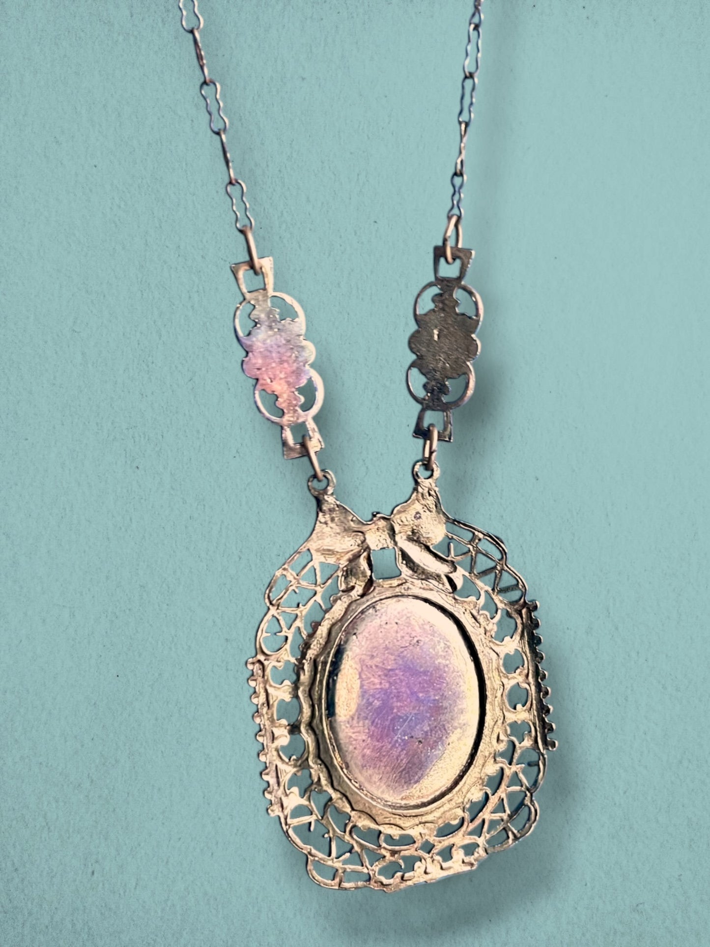 Art Nouveau Brass Filigree Blue Rose Porcelain Limoge Locket Necklace