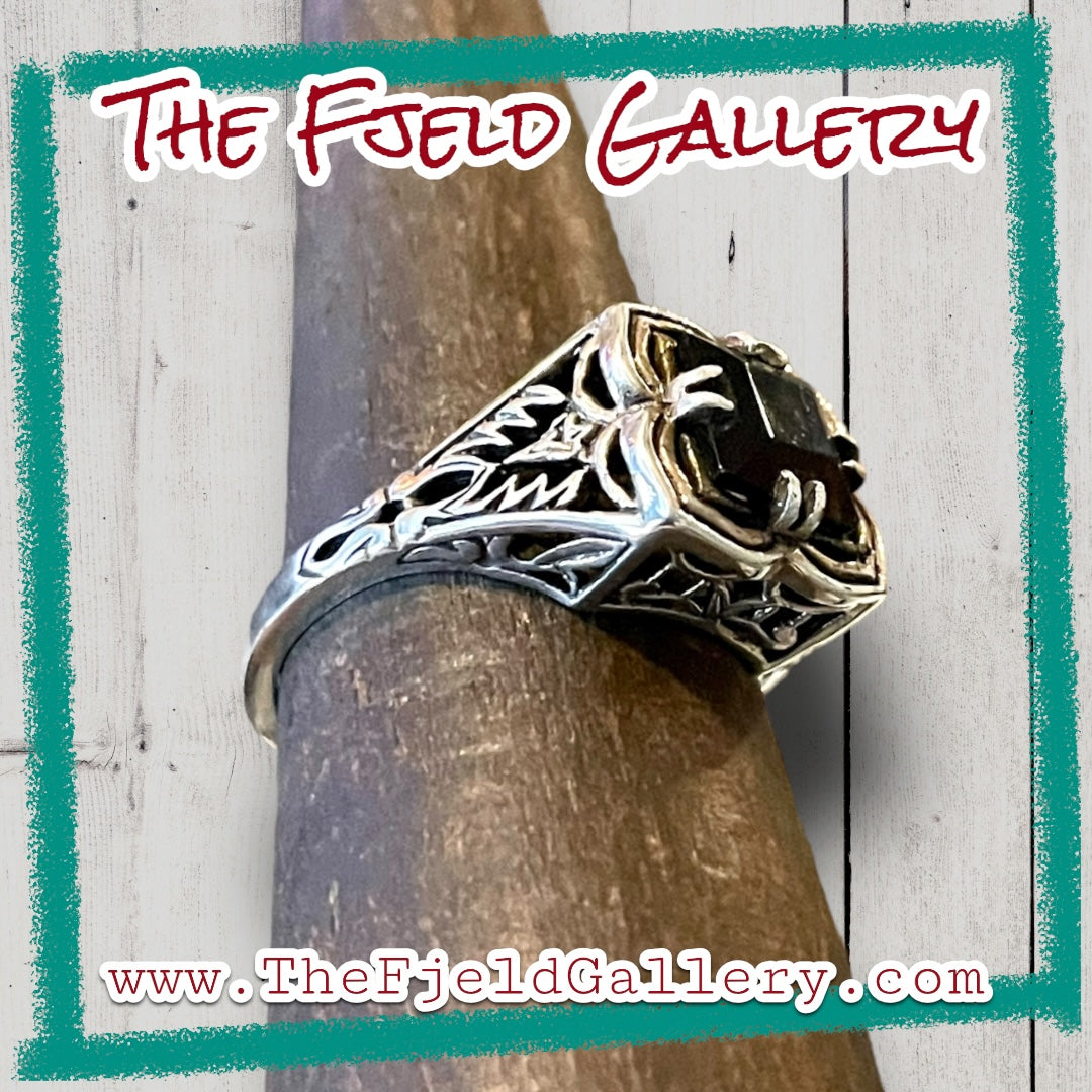 Smokey Topaz Square Gemstone Victorian Sterling Silver Filigree Ring