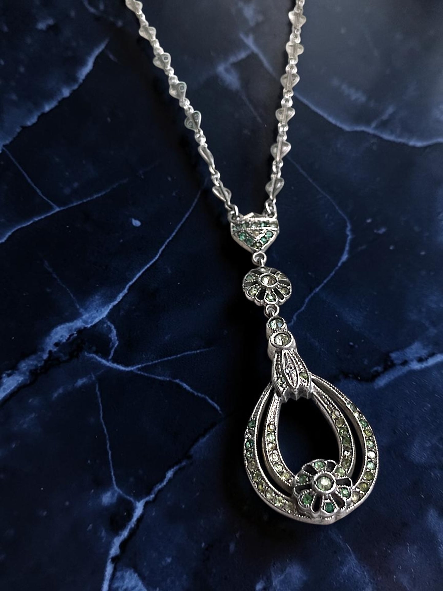 Art Deco Sterling Silver Crystal Floral Drop Y Necklace