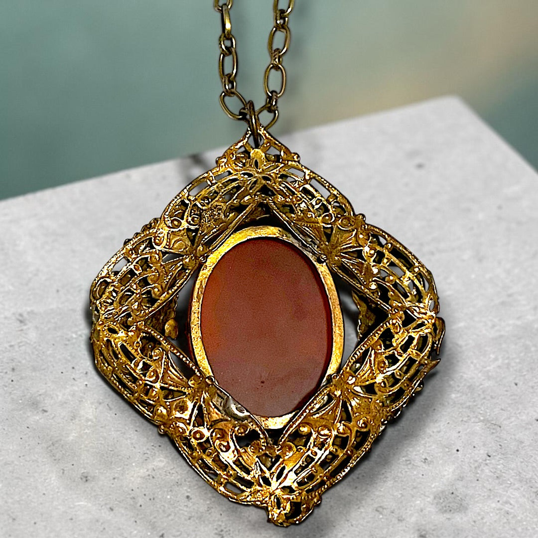 Huge Red & Black Art Glass Cameo Gilded Brass Repoussé Art Nouveau Floral Frame Pendant Necklace