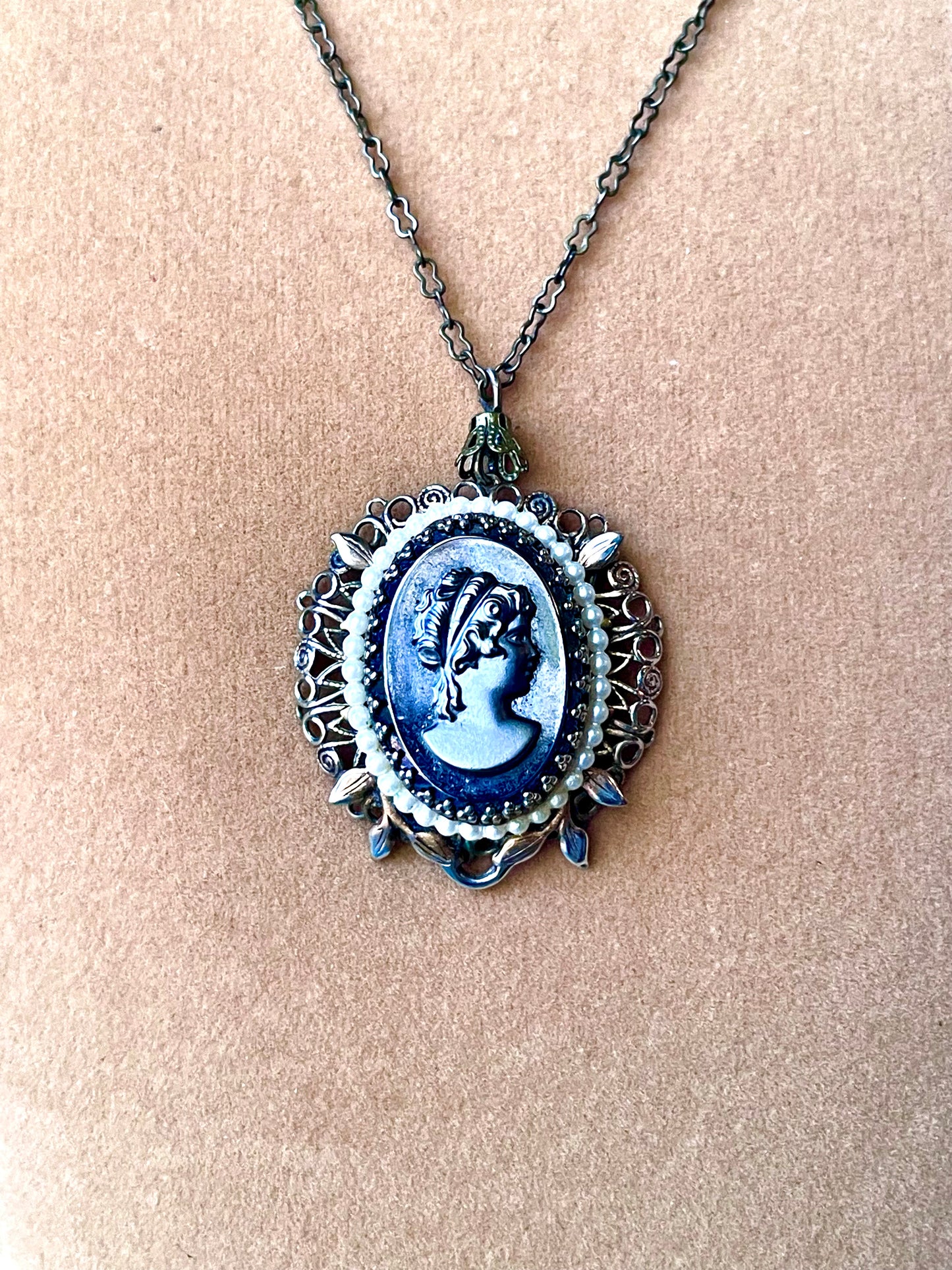 West German Brass Filigree Small Black Mirror Art Glass Hematite Cameo & Pearl Necklace