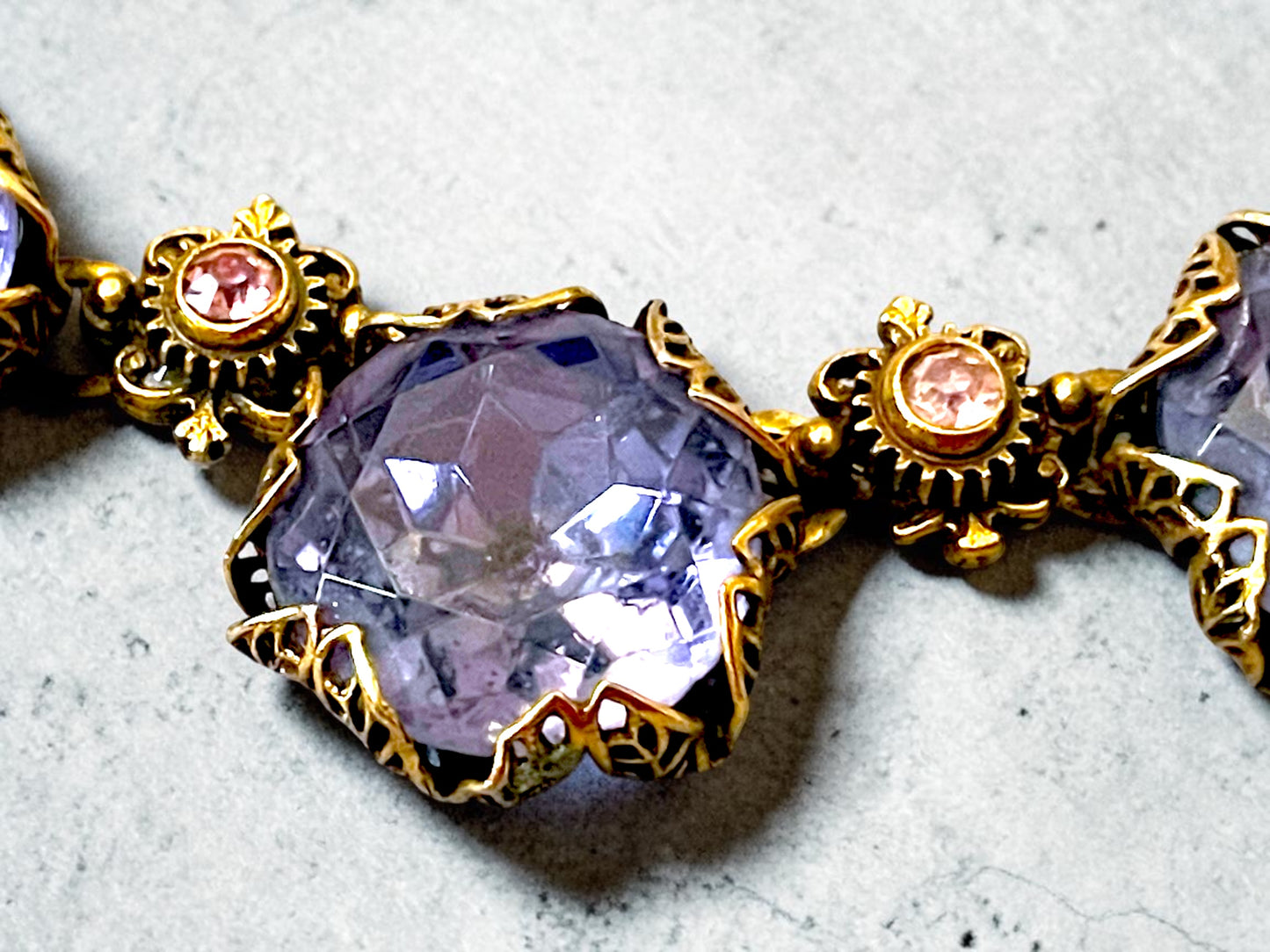 Art Nouveau Austrian Lilac Purple & Pink Crystal Gold Filled Brass Filigree Schiaparelli Necklace