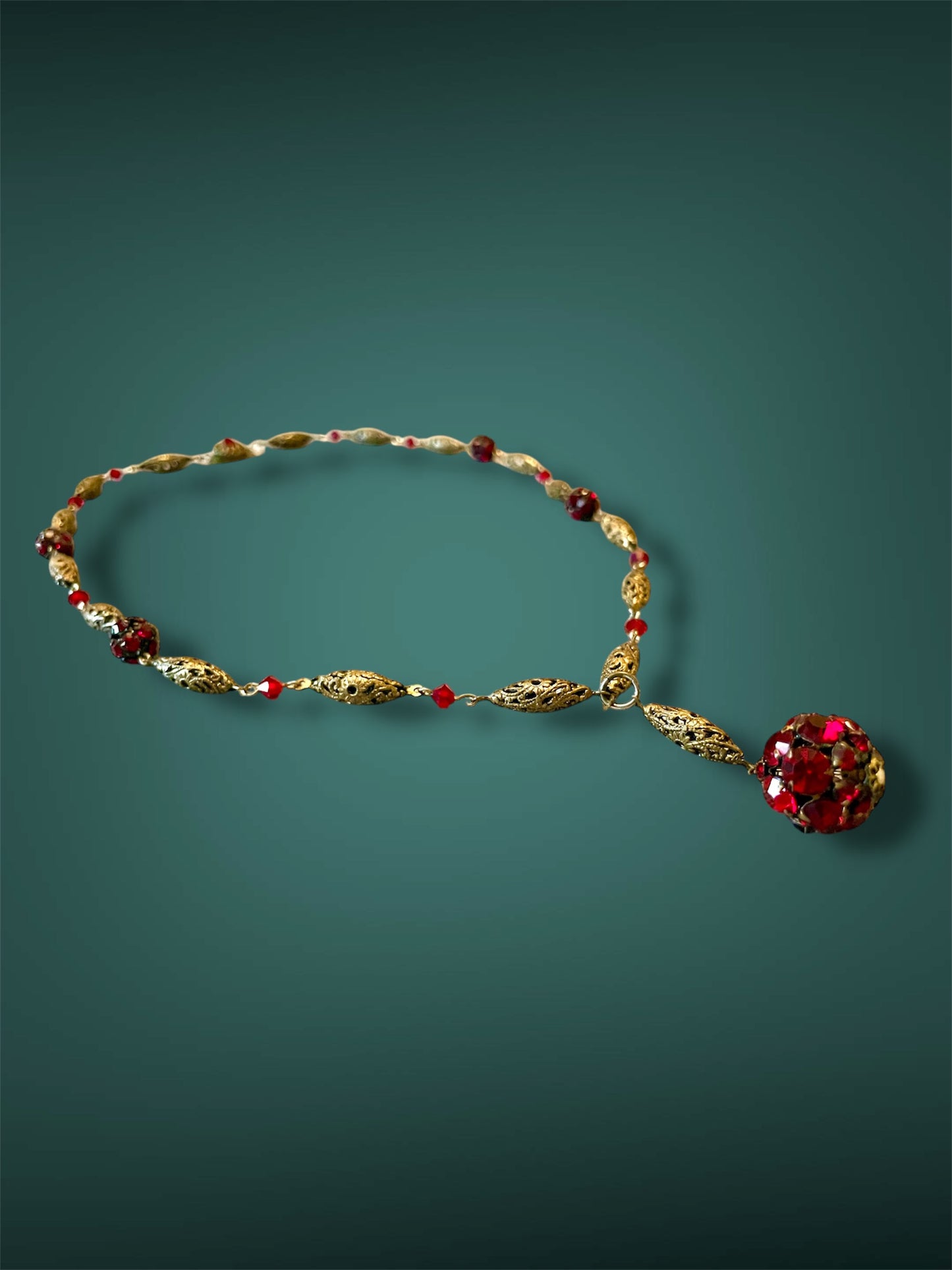 Vintage Art Nouveau Czech Ruby Red Crystal Brass Filigree Y Lavaliere Necklace