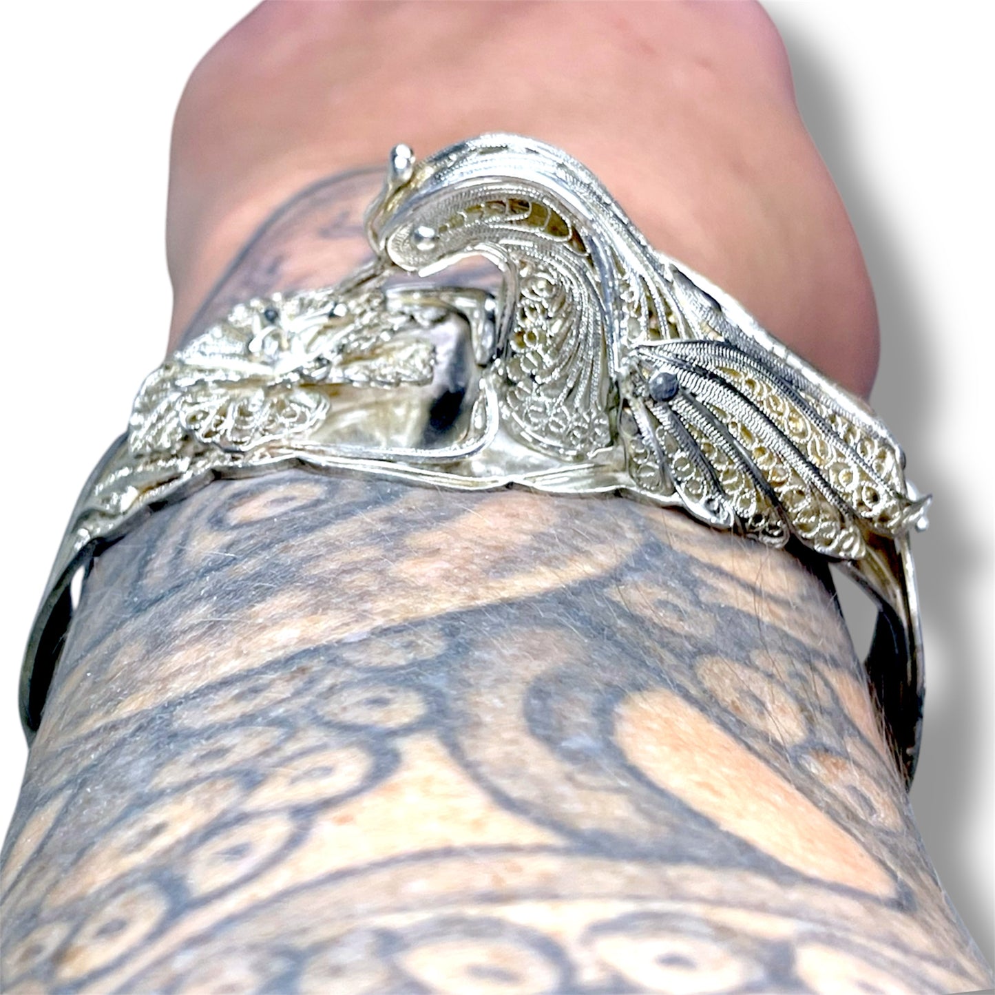 Incredible Sterling Filigree Peacock & Flower 3D Cuff Bracelet