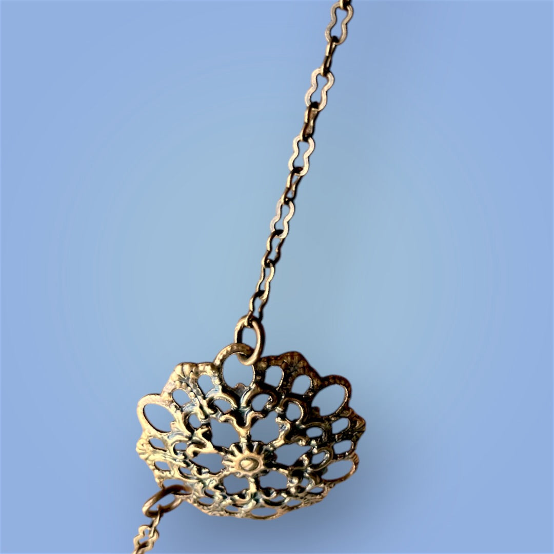 Art Nouveau Czechoslovakian Brass Filigree Royal Blue Crystal Necklace