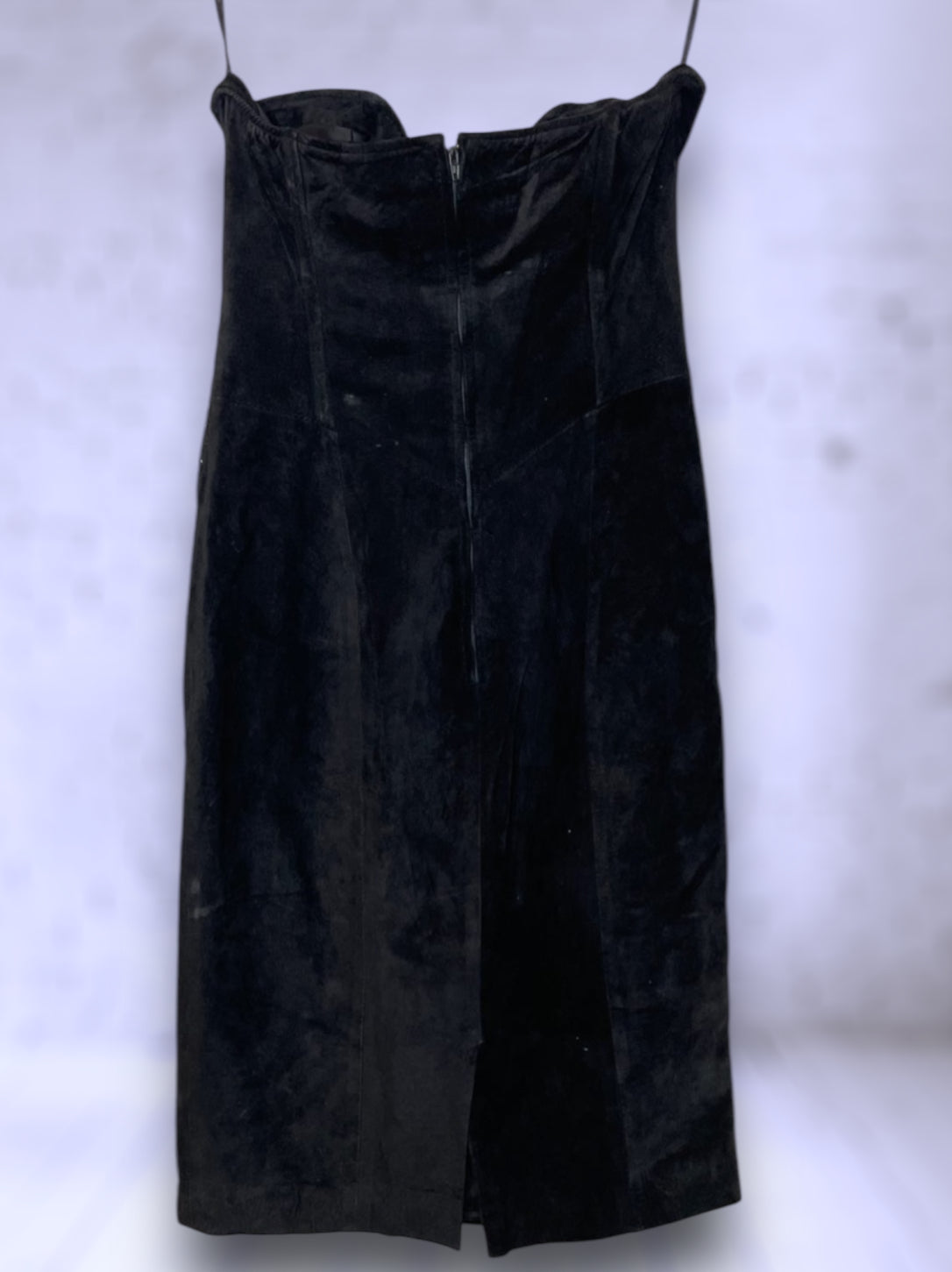 Vintage 1980’s Black Suede Leather Strapless Mini Dress with Crystal Detail