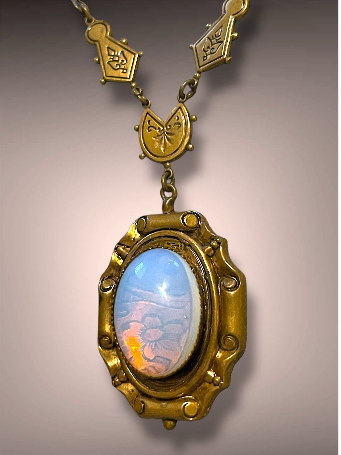 Victorian Opalite Floral Design See Through Gilt Brass Necklace