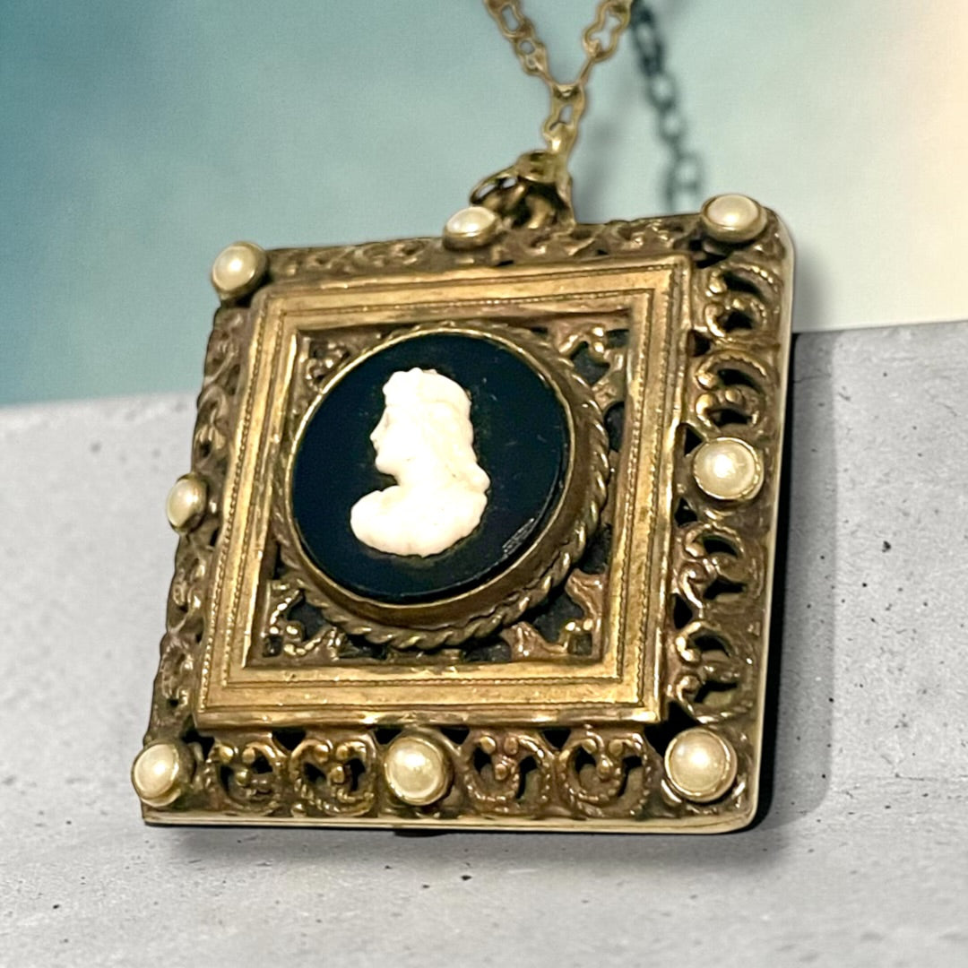 Brass Filigree Square Black & White Art Glass Mourning Cameo Photo Locket Necklace