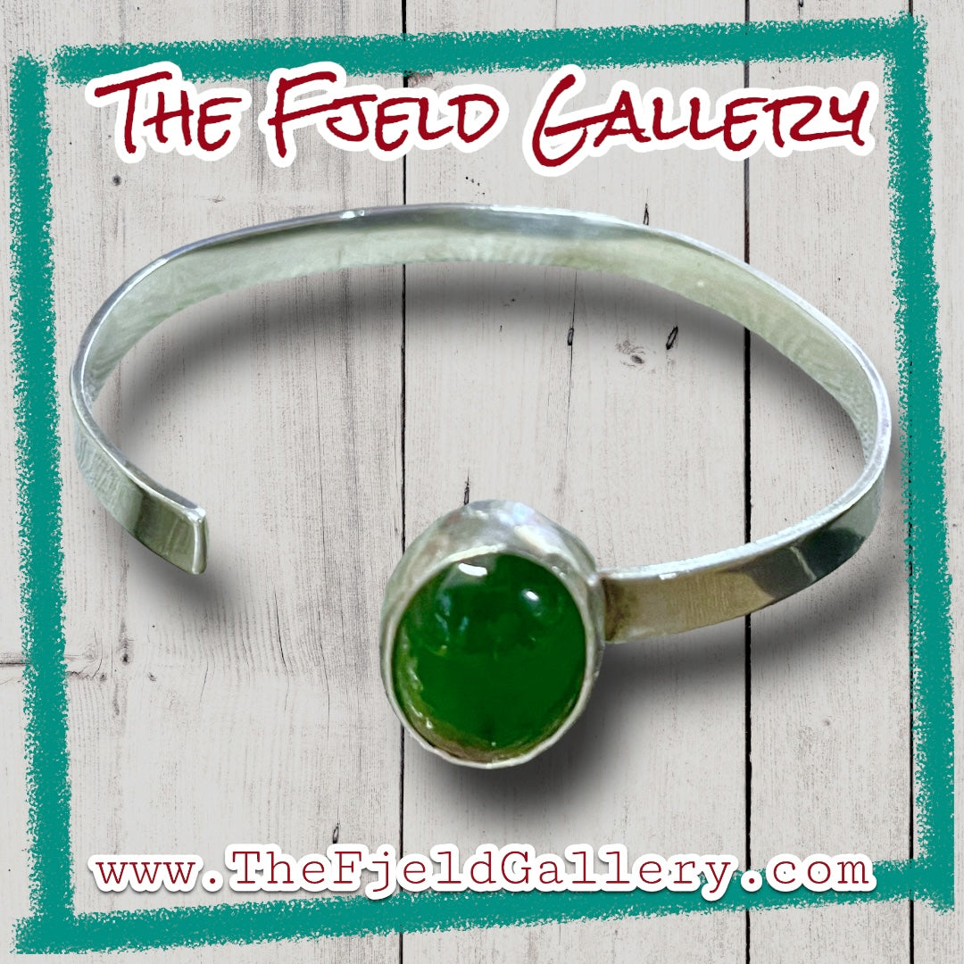 Green Jade Cabochon Sterling Cuff Bracelet